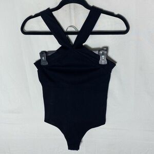 Black Stretchy Snap Crotch Thong Back V Neck Bodysuit XL/XXL